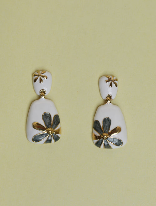 Elegant Floral Enamel Drop Earrings for Women | White & Gold-Tone Designer Earrings