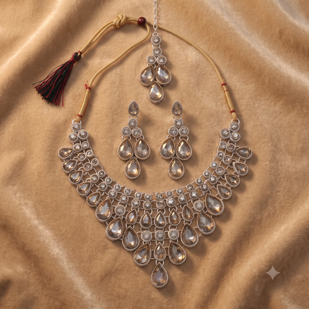 Silver-Tone Kundan Teardrop Necklace Set for Women
